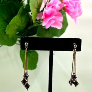 Deep Red Crystal Vintage Triple Strand Gold Plated Dangle Earrings